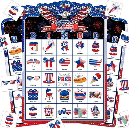 Joy Bang 250 Anniversary USA Bingo Card Games for Kids Adults, Celebrate America 250 Years Game 250th Anniversary USA Merchandise 4th of July Bingo