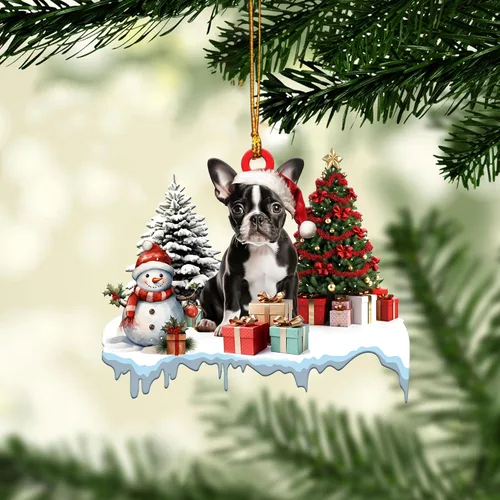 Miniatura 8 de Talataca Boston Terrier con camión rojo de Navidad, árbol de pino, regalo 2D plano para espejo retrovisor, accesorios para el árbol de Navidad
