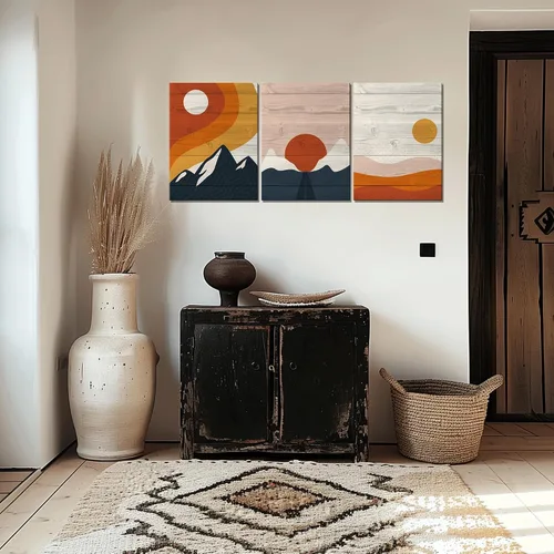 Miniatura 3 de Pintura solar para pared, diseño de líneas bohemias, montañas, decoración de pared de mediados de siglo, juego de 3 lienzos impresos en lienzo