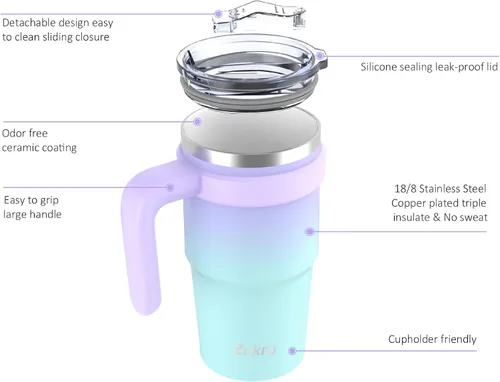 Miniatura 3 de Zukro Vaso de 20 onzas con asa, tapa y pajilla, forrado de cerámica, de acero inoxidable de doble pared aislada al vacío, tazas de café para hogar