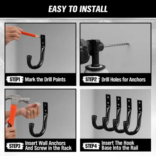Miniatura 5 de Ganchos de almacenamiento para garaje de servicio pesado, juego de 6 ganchos para bicicletas para pared de garaje, ganchos utilitarios para garaje
