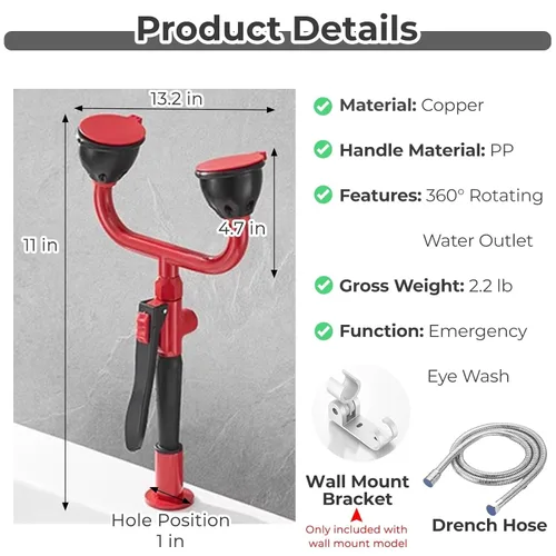 Miniatura 2 de Portable Eye Wash Station with Drench Hose, Handheld Eyewash Station for Dangerous Worksites, Wall and Deck Mounted Eye Wash Kit, Handheld Eye Face
