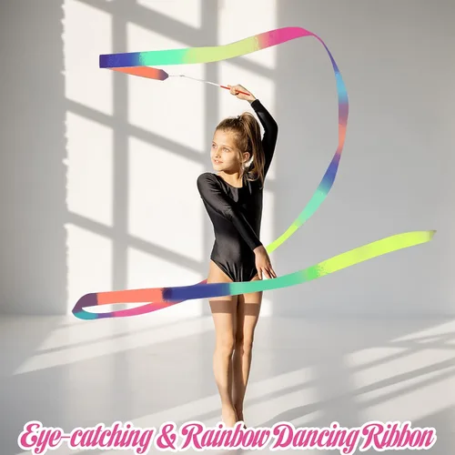 Miniatura 4 de 2 varitas de cinta para danza de arcoíris para niños, 78.74 pulgadas de cinta rítmica de gimnasia con varilla, cinta de arcoíris suave para danza