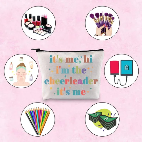 Miniatura 4 de Bolsa de maquillaje con cremallera para animadora It's Me, Hi I'm The Cheerleader It's Me Bag Cheerleading Teammate Gift, Beige, Animadora