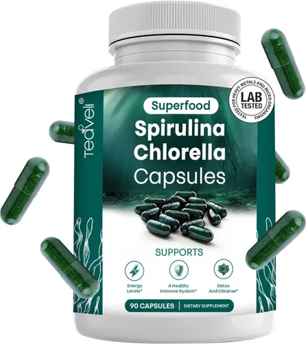 Cápsulas de espirulina y clorella, píldoras de clorofila y algas verdes azules para apoyar una potente desintoxicación, energía y un sistema