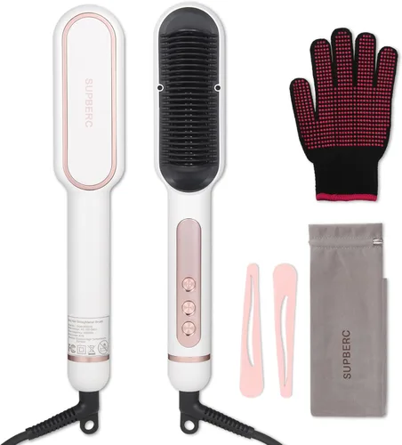 Cepillo alisador de cabello iónico negativo con 9 ajustes de temperatura, peine alisador de cabello de calentamiento rápido de 30s con pantalla LED,