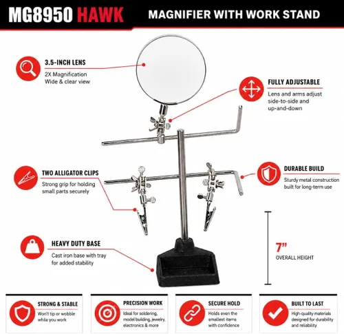 Miniatura 2 de MAGNA-DESK Lupa de mano ayudante 2x Base pesada Diámetro de lente de 3.5 pulgadas Mango ajustable Abrazaderas de cocodrilo seguras Ideal