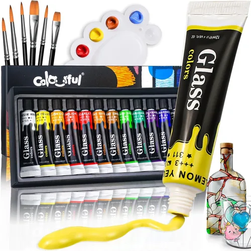 Juego de Pintura Acrílica para Vidrio Colorida con 6 Pinceles, 1 Paleta, 12 Colores de Pinturas para Vidrio Manchado para Vino, Juego de Pintura