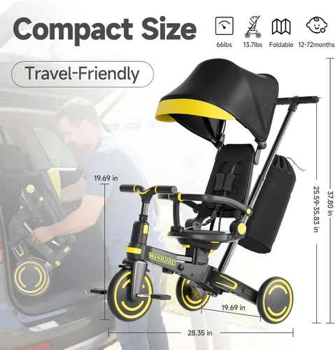 Miniatura 2 de WinHope Triciclo de empuje 9 en 1 para niños pequeños de 1 a 3 años, triciclo convertible para niños con asa de empuje y cinturón de seguridad, Negro