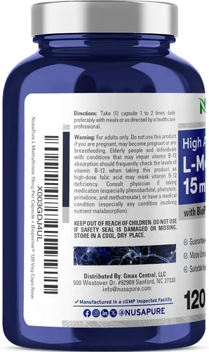Miniatura 3 de NusaPure L Metilfolato 15 mg, 120 cápsulas vegetales, bioperina y vegano