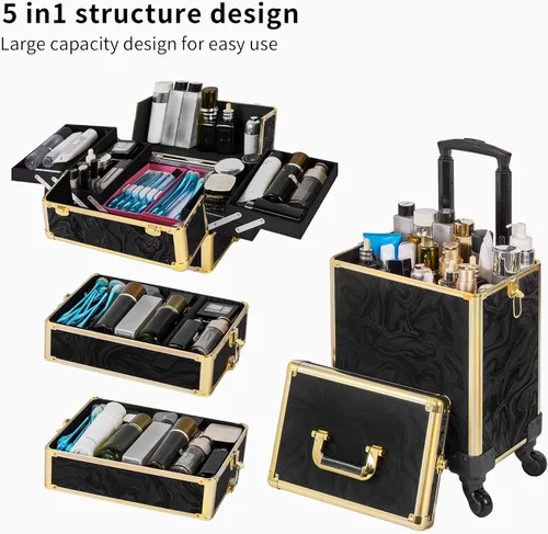 Miniatura 5 de Somduy estuche rodante de maquillaje, estuche de maquillaje con tapa, estuche de cosmetología 5 en 1 con ruedas, regalo de Navidad, organizadores
