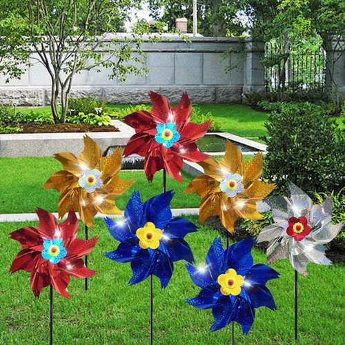 Miniatura 3 de Molinillos reflectantes brillantes con estacas, molinillos de viento para exteriores, dispositivos de miedo de pájaros, rueda de alfiler holográfico