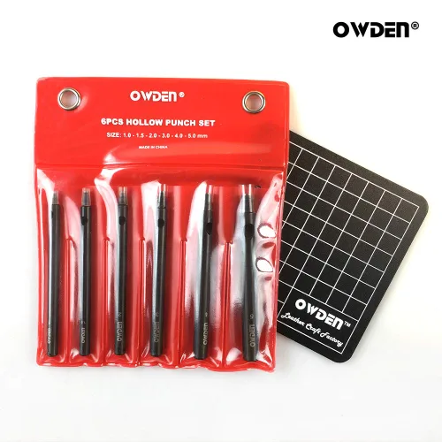 Miniatura 7 de OWDEN Juego profesional de 6 perforaciones de cuero, tamaño 0.039-0.197 in, negro, acero, manual, 6 agujeros, mini alfombrilla de corte gratis