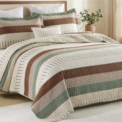 Miniatura 12 de Finlonte Edredón tamaño King, 100 % algodón, juegos de colcha tamaño King, colchas a cuadros azules, beige y blancas, ligeras, suaves