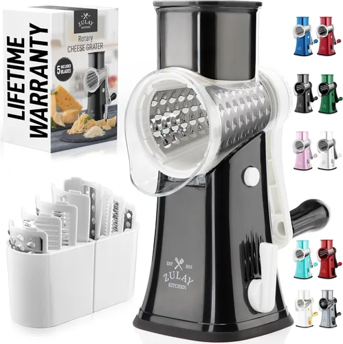 Zulay Kitchen Rallador rotativo de queso de 5 cuchillas, rallador de queso manual de manivela con succión reforzada y 5 tambores intercambiables,