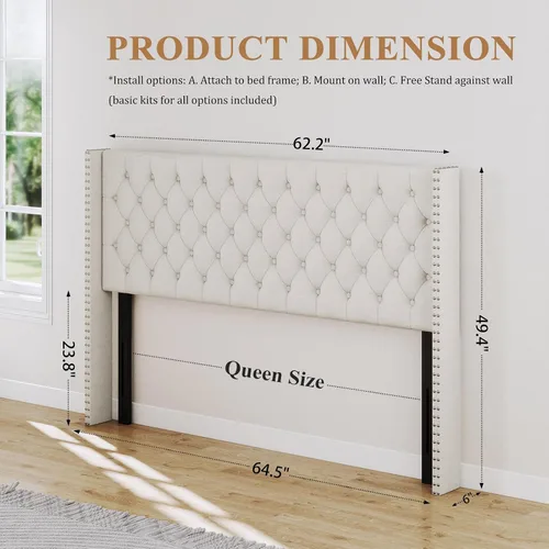 Miniatura 2 de Furpopup Cabecero tamaño Queen solamente, cabecero de pared con respaldo de ala, tamaño Queen para cama ajustable con acolchado de espuma de alta