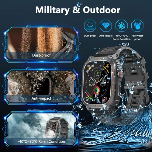 Miniatura 7 de Reloj inteligente para hombre, relojes inteligentes militares con GPS con llamada/texto, monitor de salud (frecuencia cardíaca/spO2/sueño), Negro