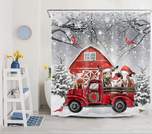 Miniatura 2 de LB Christmas Red Truck Shower Curtain for Bathroom, Farm Animal with Xmas Hat and Cardinal with Pine Tree Fabric Shower Curtain with Hooks, Grey