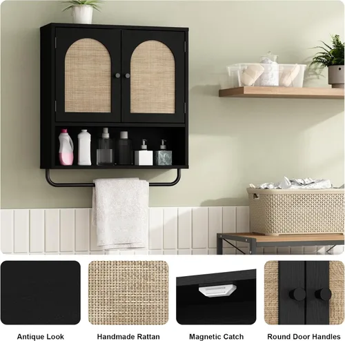 Miniatura 6 de RUSTOWN Gabinete de pared de ratán para baño, gabinete de medicina Boho con 2 puertas arqueadas, gabinetes de almacenamiento sobre el inodoro