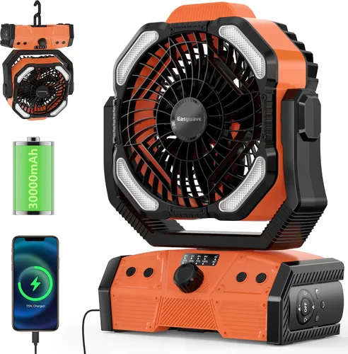 Miniatura 10 de Easywave Ventilador de camping con linterna LED: tienda de campaña de 20000 mAh recargable con batería para exteriores, ventilador oscilante