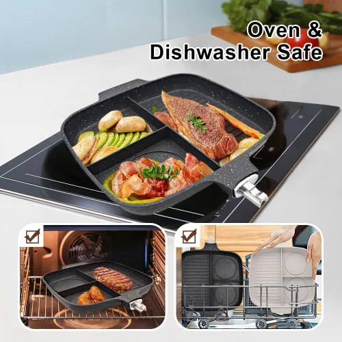 Miniatura 5 de Sartén Parrilla 3 en 1 para Estufas con Mango Desmontable, Plancha Versátil Antiadherente Dividida, Sartén Cuadrada Libre de PFOA, Negro