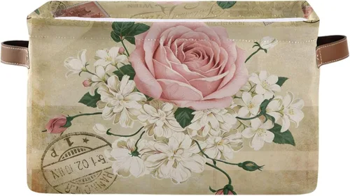 ALAZA Shabby Chic - Caja de almacenamiento plegable con diseño floral de rosas, cestas organizadoras con asas para estantes, armario, sala de estar,