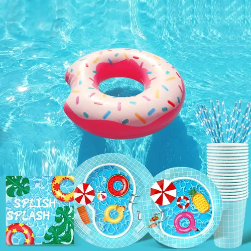 Miniatura 5 de Suministros y decoraciones para fiesta en piscina, juego de platos y servilletas de papel desechables de verano para niños con tazas y pajitas