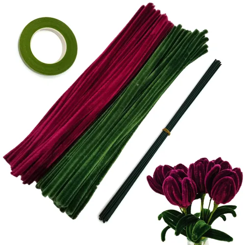 Miniatura 7 de Juego de 200 limpiapipas naranja verde oliva con alambres florales y cinta de jardinería, tallos de felpilla para hacer ramos de tulipanes, caqui