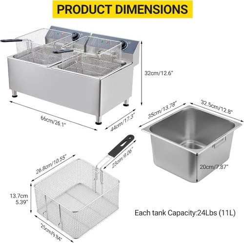 Miniatura 6 de Freidora comercial de 3400 W doble 11L/3.3 galones - Sistema de encimera de acero inoxidable 201 con filtración de aceite y cestas ajustables