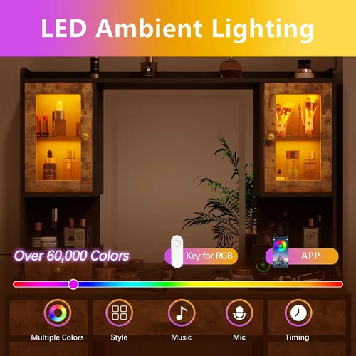 Miniatura 3 de Mesa de tocador con espejo LED y estantes organizadores de maquillaje giratorios 360, tocador de maquillaje blanco con luces y estación de carga