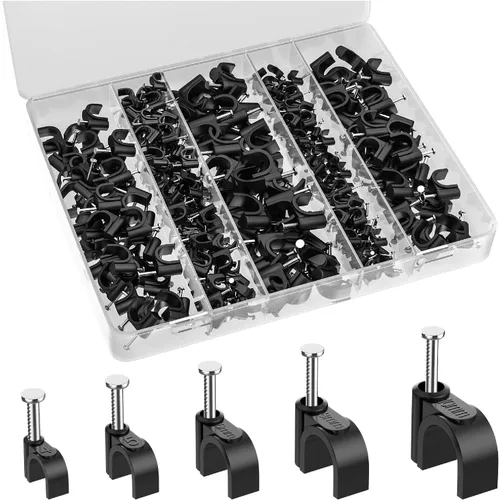 Bates - Clips de cable con clavos de acero, 360 piezas, negro, 0.157 in, 0.197 in, 0.236 in, 0.315 in, 0.394 in, clips de cable para cables en la