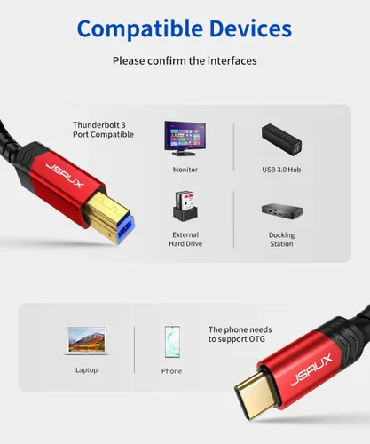 Miniatura 5 de JSAUX Cable de impresora USB B 3.0 a USB C de 6.6 pies, cable USB 3.0 tipo B de nailon compatible con estación de acoplamiento, discos duros