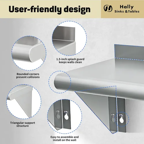 Miniatura 5 de Hally Estante de acero inoxidable montado en la pared, estante de pared de 10 x 24 pulgadas, NSF resistente, capacidad de 250 libras, estante