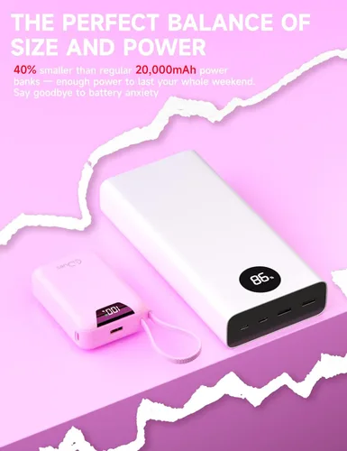 Miniatura 5 de Cargador portátil M2, banco de energía de 20000 mAh, PD 35 W, cable integrado USB-C ultra rápido, compacto y bonito, mini batería externa