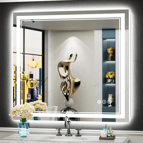 Miniatura 78 de 30x36 Espejo de baño LED con luces, retroiluminado y luz frontal, espejo de tocador iluminado antivaho para pared de baño, 3 colores, regulable