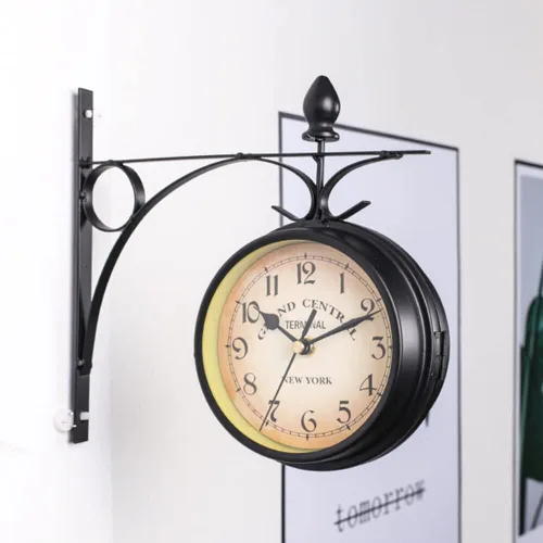 Miniatura 4 de Eforcase Reloj de pared retro de doble cara, estación de reloj de pared de doble cara, reloj colgante de esfera retro, reloj decorativo de cuarzo