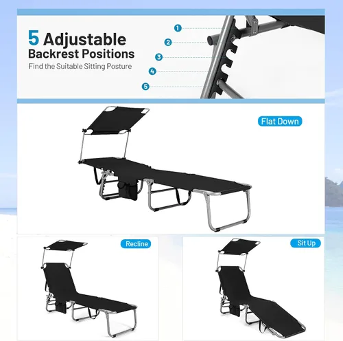 Miniatura 8 de Giantex Tumbona plegable para exteriores, silla de bronceado portátil con 5 posiciones ajustables, toldo de 360°, bolsillo de almacenamiento
