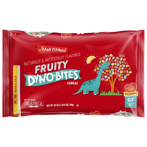 Malt-O-Meal Fruity Dyno Bites Cereal para desayuno sin gluten con sabor afrutado, tamaño a granel para la familia, bolsa resellable de 25 onzas