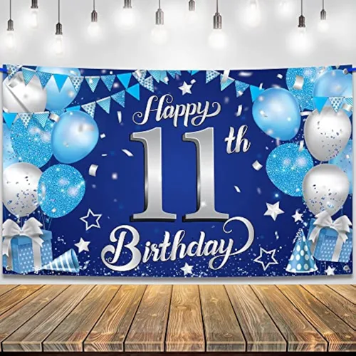 KatchOn, Cartel de feliz cumpleaños número 11 azul y plateado, grande, 72 x 44 pulgadas, telón de fondo de cumpleaños número 11 para decoraciones de
