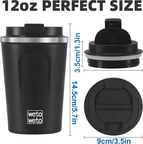 Miniatura 2 de WETOWETO Vaso Térmico Aislado de Acero Inoxidable de 12 oz, Taza de Viaje para Café a Prueba de Derrames con Tapa, Tazas de Café Reutilizables