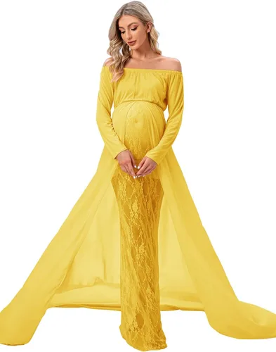 Miniatura 3 de ZIUMUDY Vestido de sesión de fotos de maternidad de manga larga con hombros descubiertos, vestido de encaje ajustado con capa larga de gasa trian