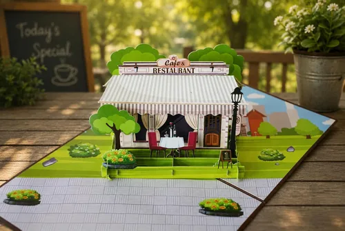 Miniatura 4 de ETA Tarjeta de felicitación desplegable 3D – escena de café y restaurante con comedor al aire libre, arte de papel hecho a mano, cumpleaños