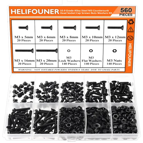 Miniatura 14 de HELIFOUNER 560 piezas M3 x 0.157 in, 0.236 in, 0.315 in, 0.394 in, 0.472 in, 0.630 in, 0.787 in, cabeza hexagonal, tornillos, arandelas, tuercas