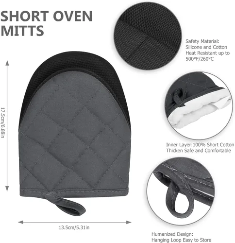 Miniatura 2 de Guantes cortos para horno, resistentes al calor, 500 °F, guantes de cocina con agarre de silicona, antideslizantes para hornear, parrilla, barbacoa