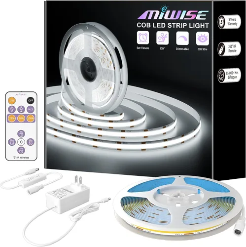 MIWISE Tira de luces LED blancas, luz de tira LED COB 6000K blanca de luz diurna, tira de luces LED regulable de 32.8 pies 24V, tira de luces súper