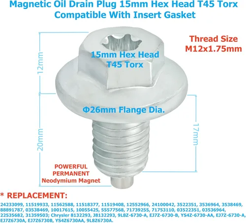 Miniatura 3 de 2 tapones magnéticos de drenaje de aceite M12-1.75, cabeza hexagonal de 0.591 in T45 Torx compatible con junta de inserción, más 5 juntas, apto