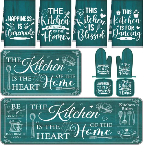 Miniatura 20 de Fourluoo Juego de 10 piezas de decoración y accesorios de cocina de granja, 4 toallas de cocina, 2 soportes para ollas, 2 guantes de horno, 2 Verde