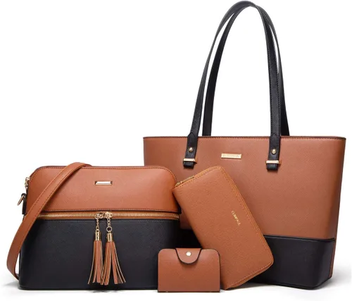 Miniatura 132 de Juego de 4 bolsas modernos para mujer de cuero sintético: bolso tote, bolso de hombro, bolso de mano y cartera.