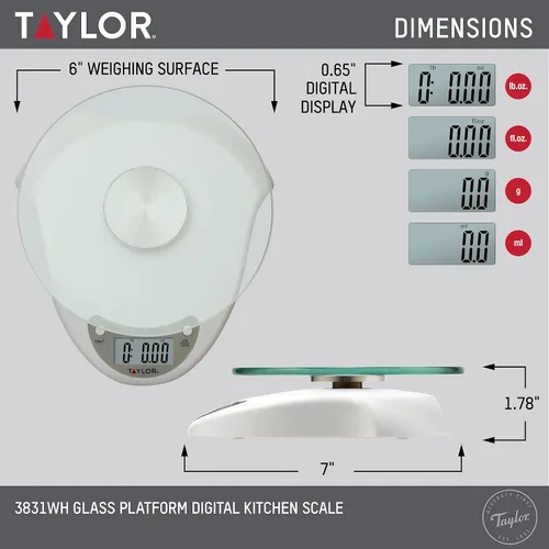 Miniatura 2 de Taylor Báscula digital de cocina con plataforma de vidrio, botón de tara y cuerpo de plástico que pesa hasta 11 libras de capacidad, color blanco