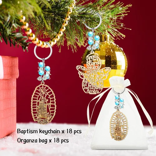 Miniatura 2 de Hicarer Llavero de bautismo cristiano, 18 unidades, perlas de recuerdos de bautizo, llavero de madera con bolsas de organza para bautismo